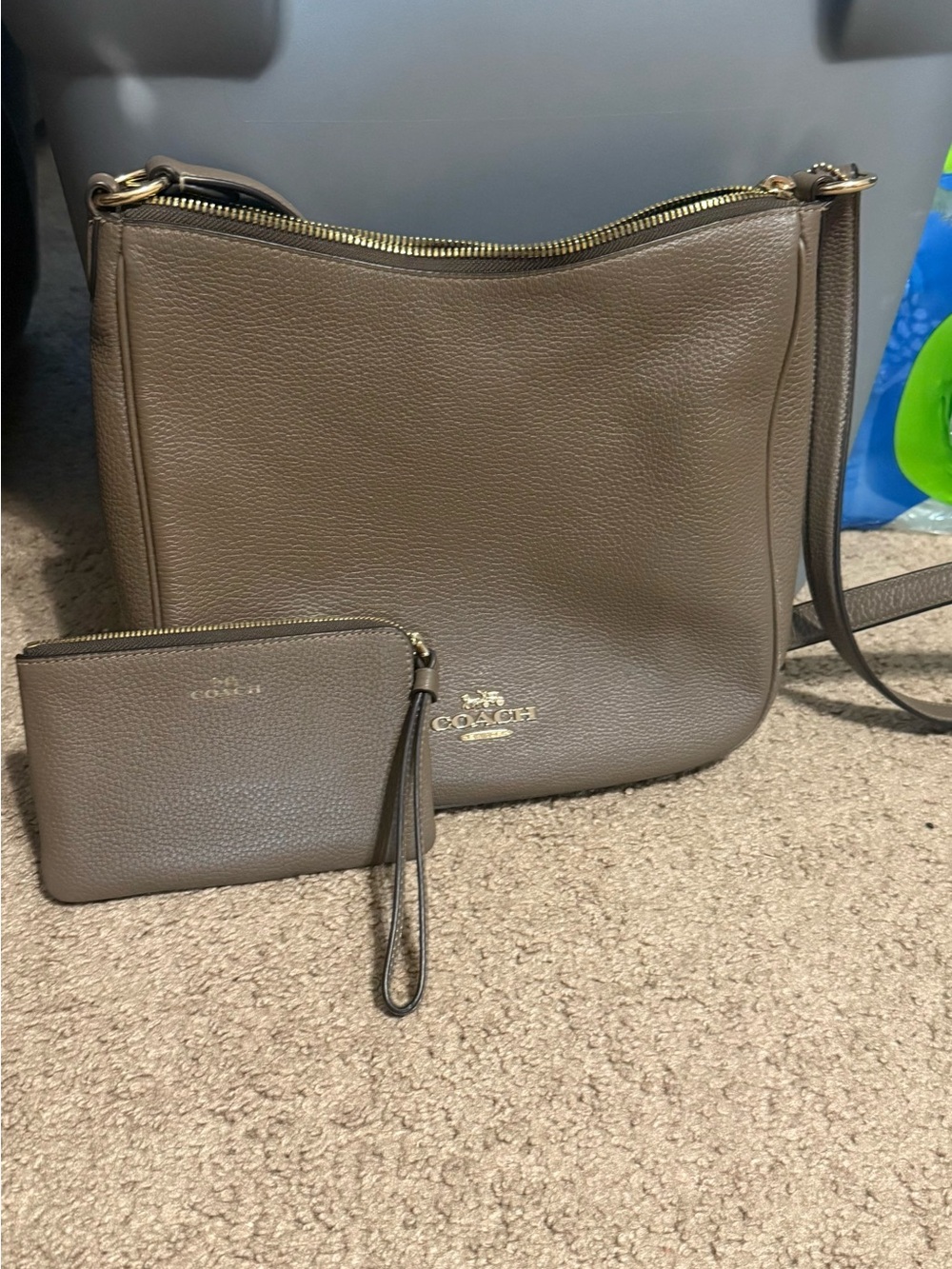 Coach Pebbled Leather Crossbody in Taupe with Wristlet